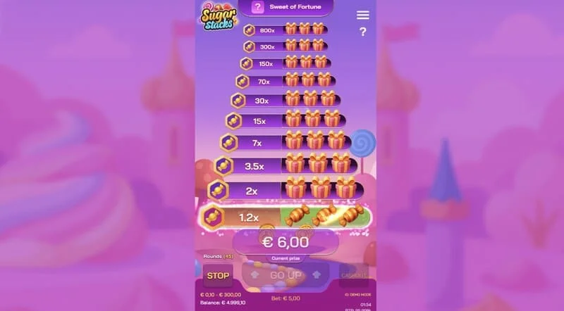 Sugar Stacks - Siegerschritt mit beleuchteter aktueller Etage und Multiplikatorzähler